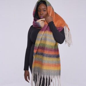 Oblong Fringe Scarf - Nude/Black/Baby Blue